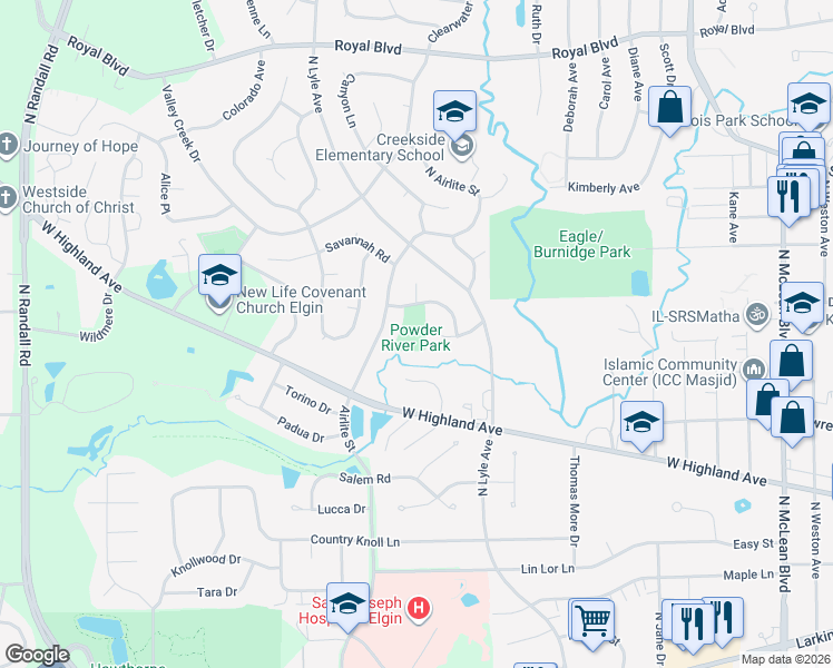 map of restaurants, bars, coffee shops, grocery stores, and more near 1985 Powder River Path in Elgin