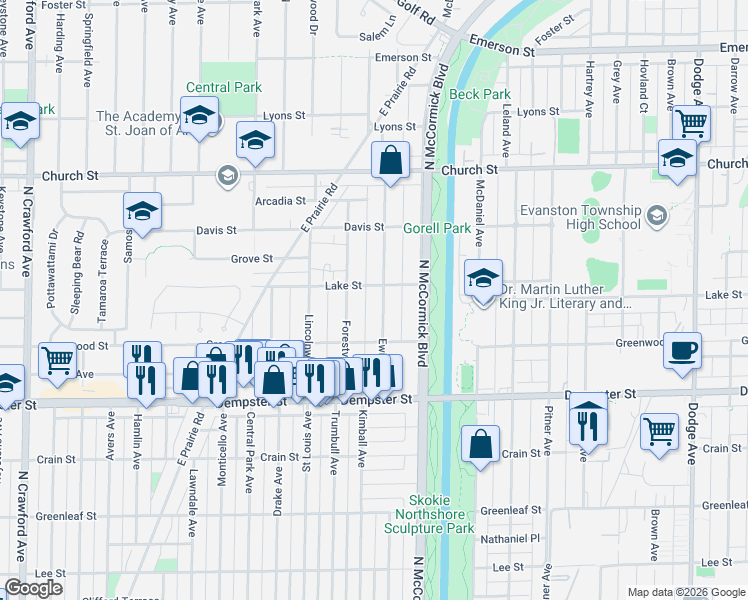 map of restaurants, bars, coffee shops, grocery stores, and more near 8926 Ewing Avenue in Evanston
