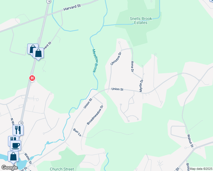 map of restaurants, bars, coffee shops, grocery stores, and more near 577 Union Street in East Bridgewater