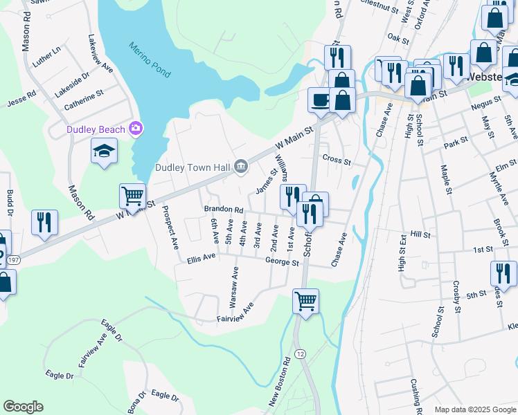 map of restaurants, bars, coffee shops, grocery stores, and more near 35 Brandon Road in Dudley