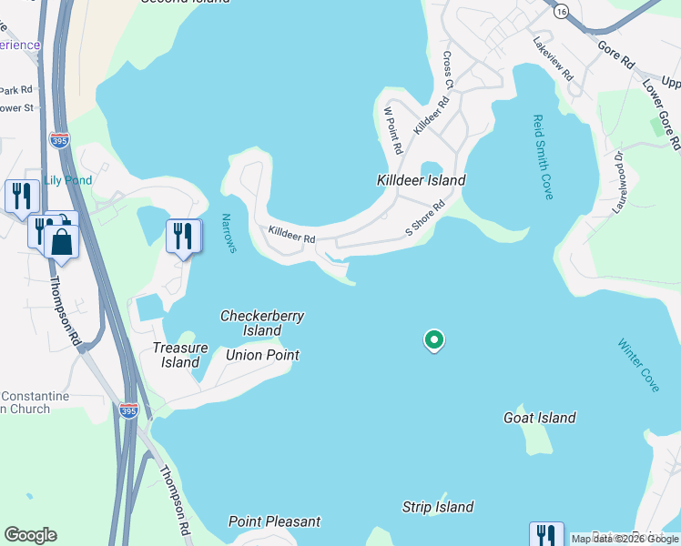 map of restaurants, bars, coffee shops, grocery stores, and more near 20 Indian Point Road in Webster