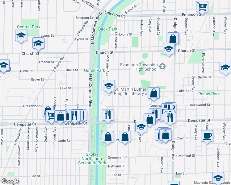 map of restaurants, bars, coffee shops, grocery stores, and more near 2424 Lake Street in Evanston