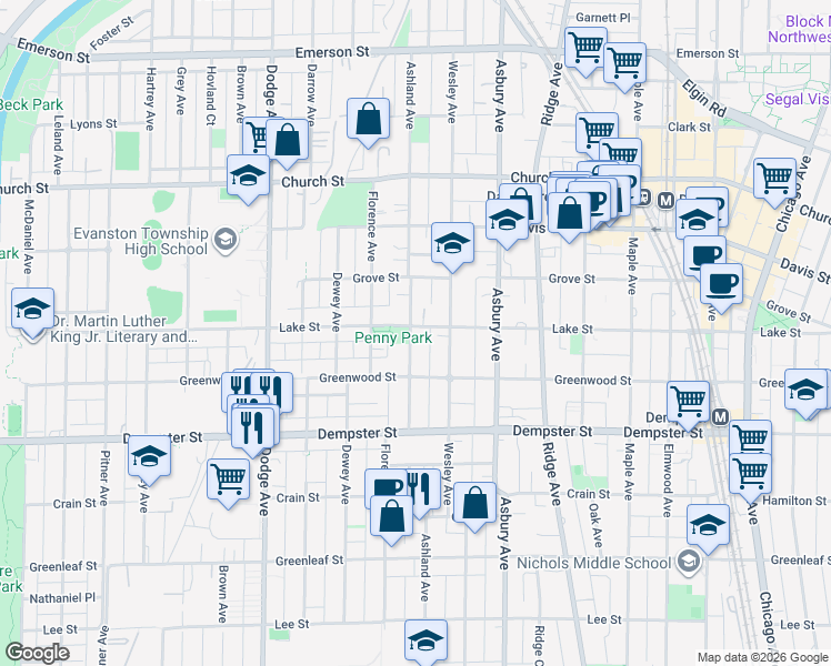 map of restaurants, bars, coffee shops, grocery stores, and more near 1417 Ashland Avenue in Evanston
