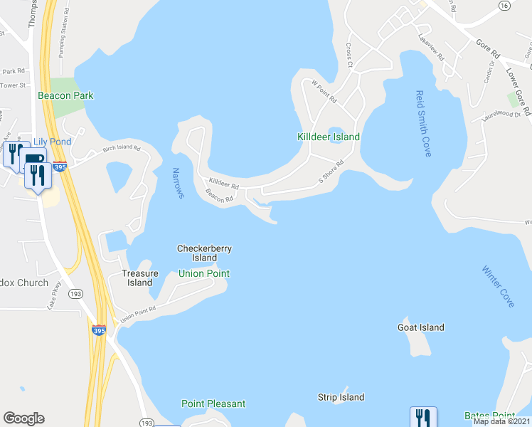 map of restaurants, bars, coffee shops, grocery stores, and more near 20 Indian Point Road in Webster