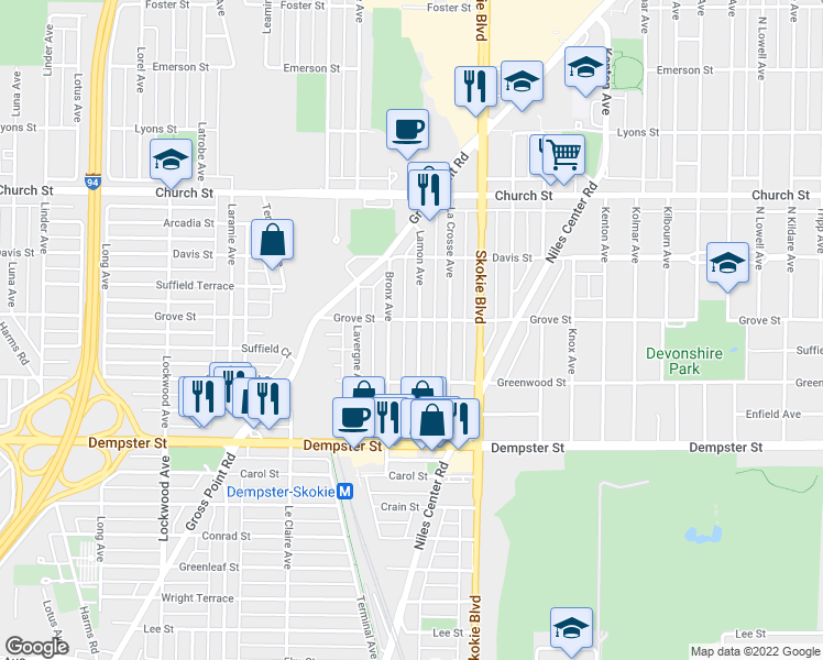 map of restaurants, bars, coffee shops, grocery stores, and more near 8931 Bronx Avenue in Skokie