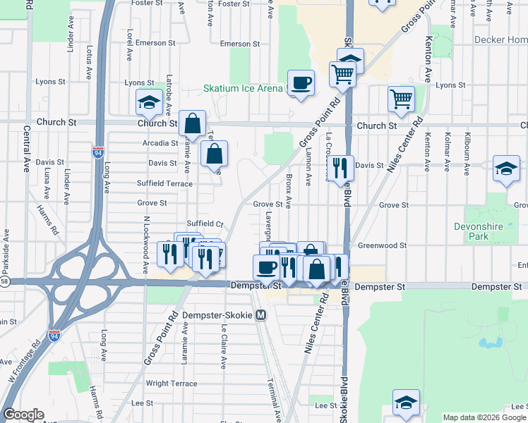 map of restaurants, bars, coffee shops, grocery stores, and more near 8927 Lavergne Avenue in Skokie