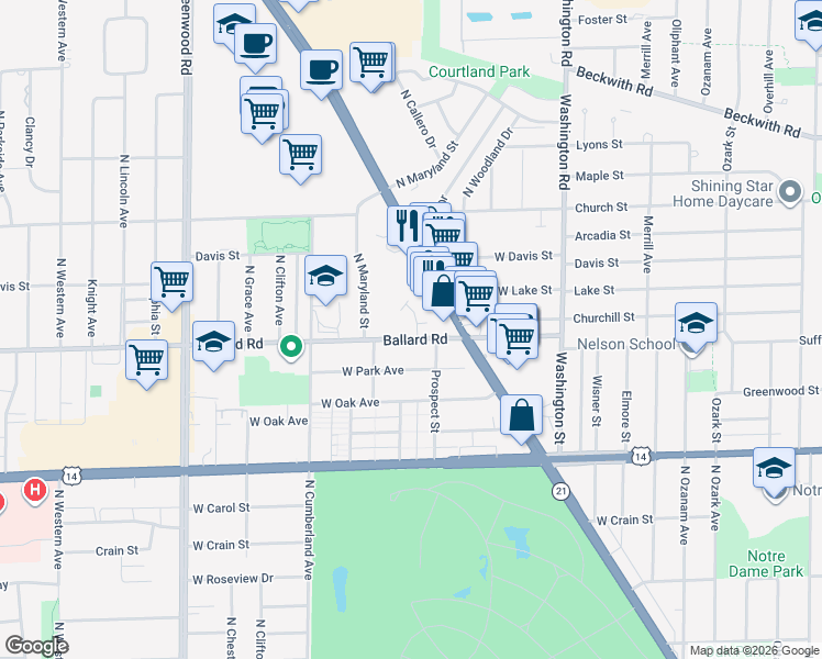 map of restaurants, bars, coffee shops, grocery stores, and more near 8203 Ballard Road in Niles
