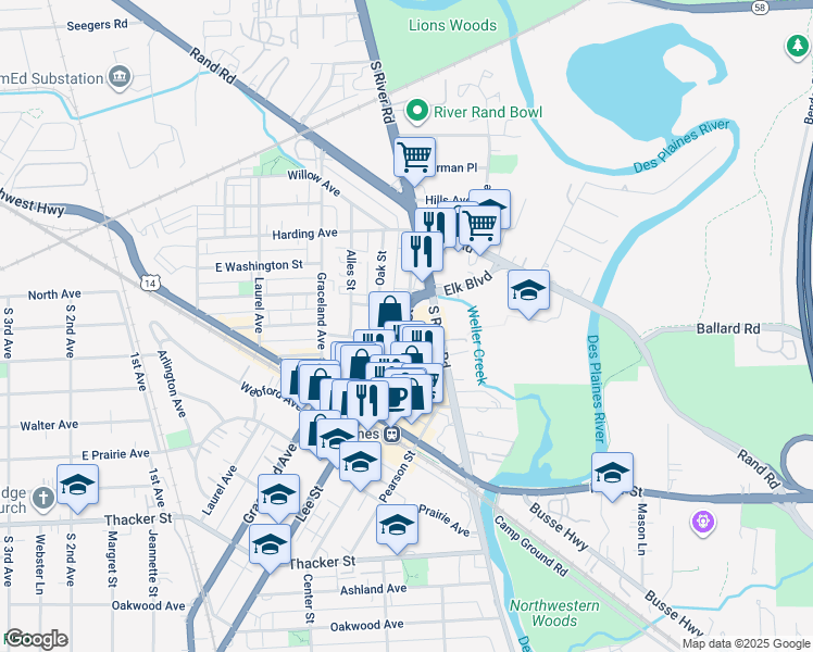 map of restaurants, bars, coffee shops, grocery stores, and more near 540 Lee Street in Des Plaines
