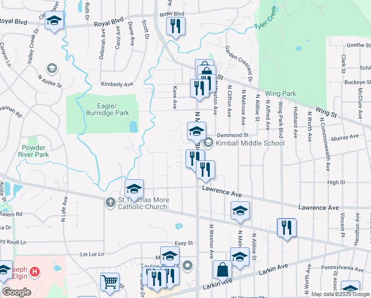 map of restaurants, bars, coffee shops, grocery stores, and more near 400 North McLean Boulevard in Elgin