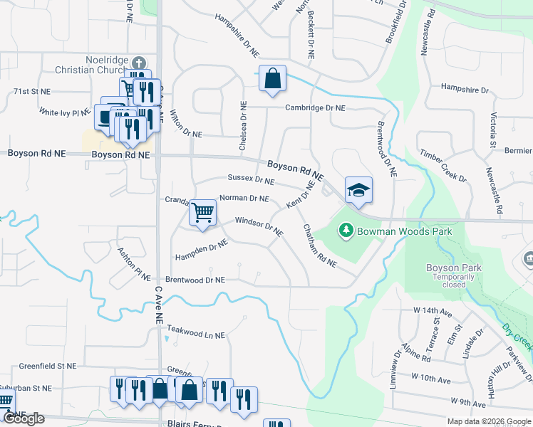 map of restaurants, bars, coffee shops, grocery stores, and more near 265 Windsor Drive Northeast in Cedar Rapids
