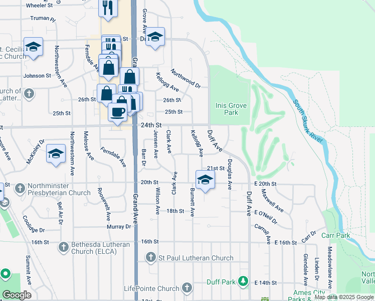 map of restaurants, bars, coffee shops, grocery stores, and more near 418 22nd Street in Ames