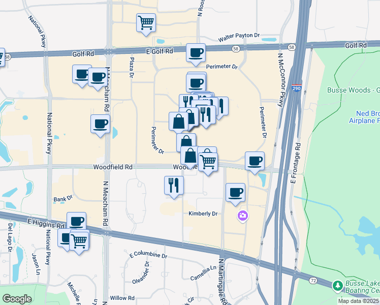 map of restaurants, bars, coffee shops, grocery stores, and more near Perimeter Drive in Schaumburg