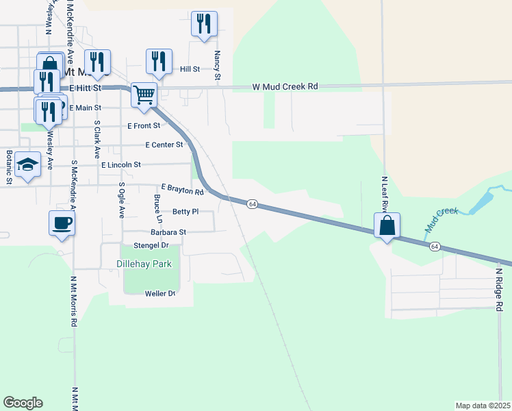 map of restaurants, bars, coffee shops, grocery stores, and more near 4449 Highway 64 in Mount Morris