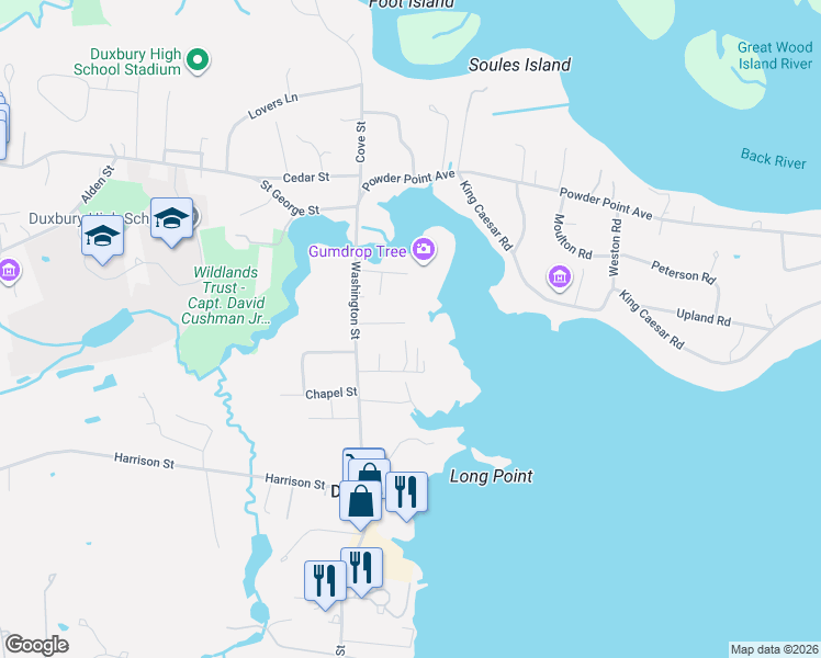 map of restaurants, bars, coffee shops, grocery stores, and more near 37 Fort Hill Lane in Duxbury