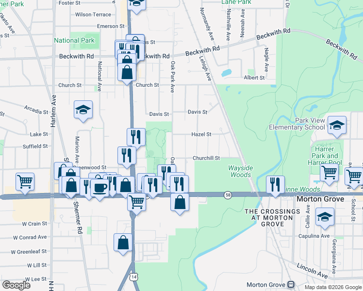 map of restaurants, bars, coffee shops, grocery stores, and more near 8918 Birch Avenue in Morton Grove