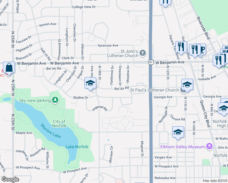map of restaurants, bars, coffee shops, grocery stores, and more near 1700-1798 Skyline Dr in Norfolk