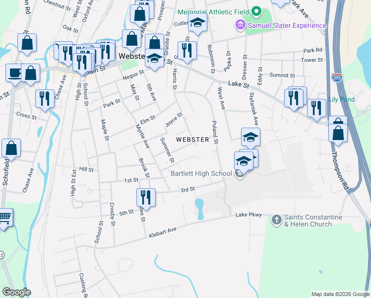 map of restaurants, bars, coffee shops, grocery stores, and more near 17 George Street in Webster