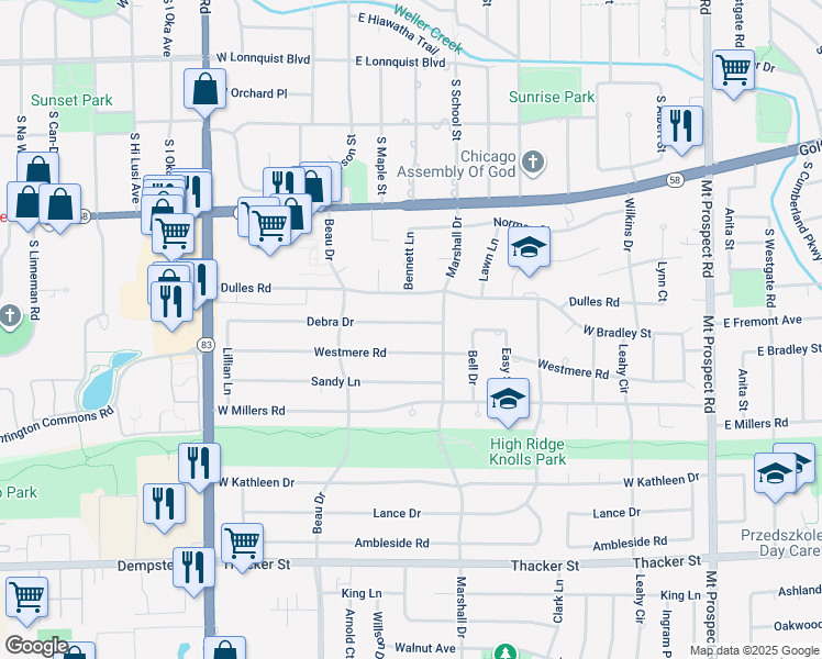 map of restaurants, bars, coffee shops, grocery stores, and more near 451 Debra Drive in Des Plaines