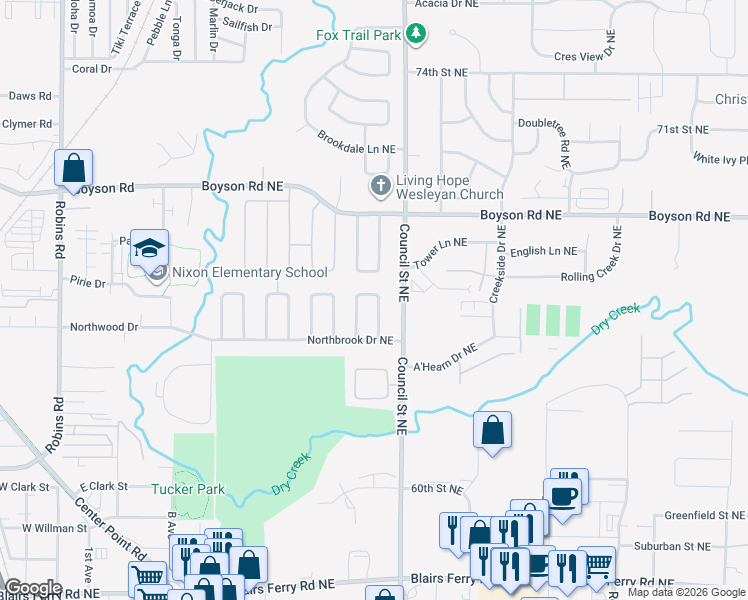map of restaurants, bars, coffee shops, grocery stores, and more near 6527 Danbern Lane Northeast in Cedar Rapids