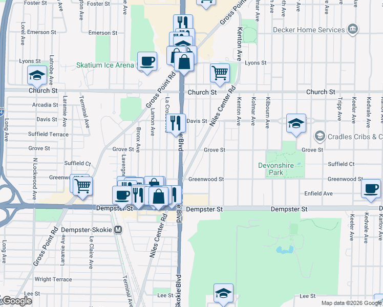 map of restaurants, bars, coffee shops, grocery stores, and more near 4735 Grove Street in Skokie