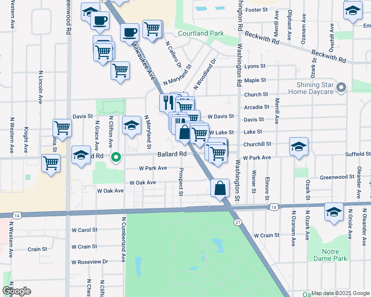 map of restaurants, bars, coffee shops, grocery stores, and more near 9002 North Milwaukee Avenue in Niles