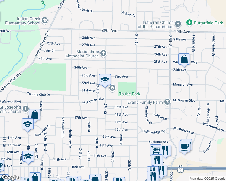 map of restaurants, bars, coffee shops, grocery stores, and more near 2127 27th Street in Marion