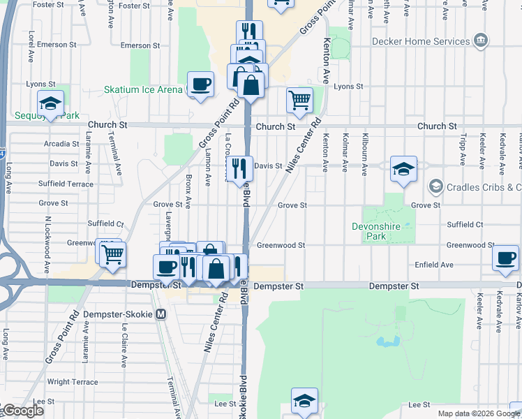 map of restaurants, bars, coffee shops, grocery stores, and more near 4735 Grove Street in Skokie