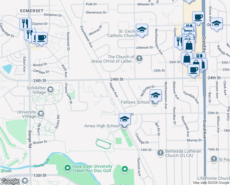 map of restaurants, bars, coffee shops, grocery stores, and more near 2220 Hayes Avenue in Ames