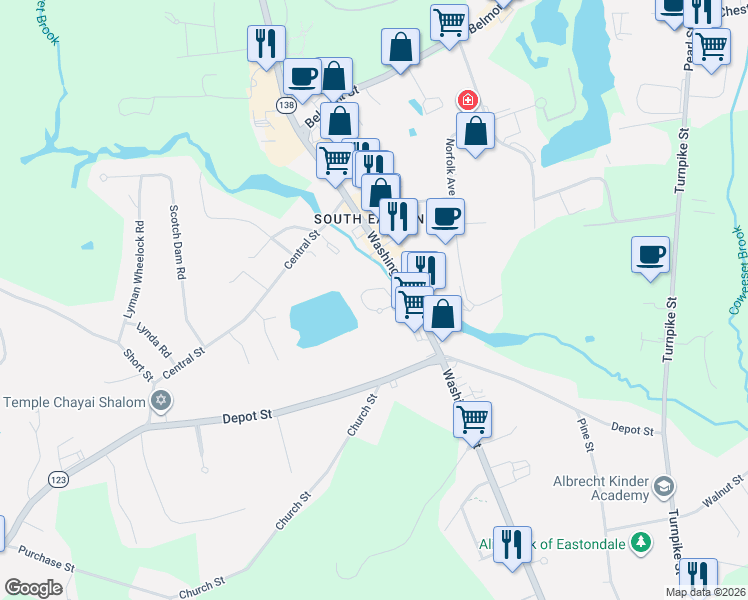 map of restaurants, bars, coffee shops, grocery stores, and more near 44 Welch Road in Easton