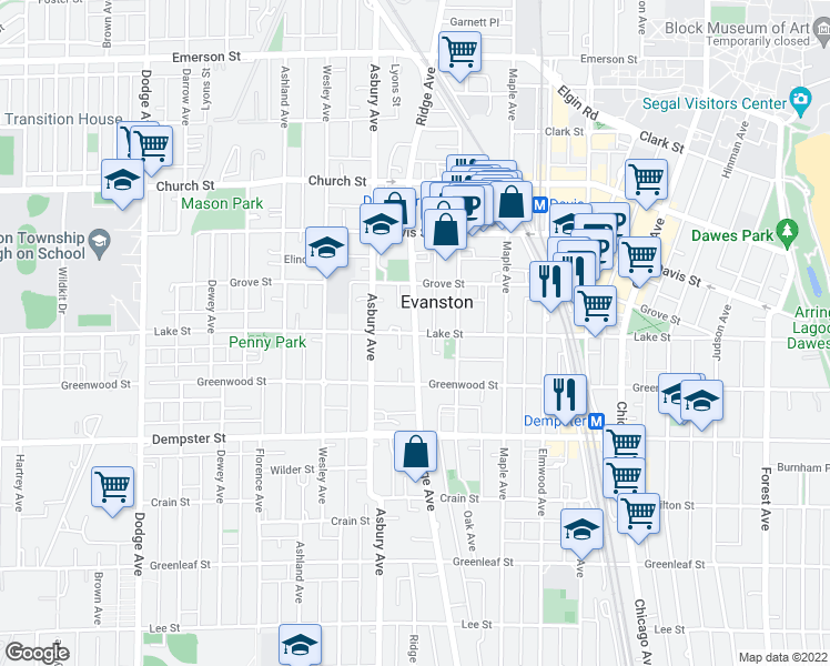 map of restaurants, bars, coffee shops, grocery stores, and more near Ridge Ave & Lake St in Evanston