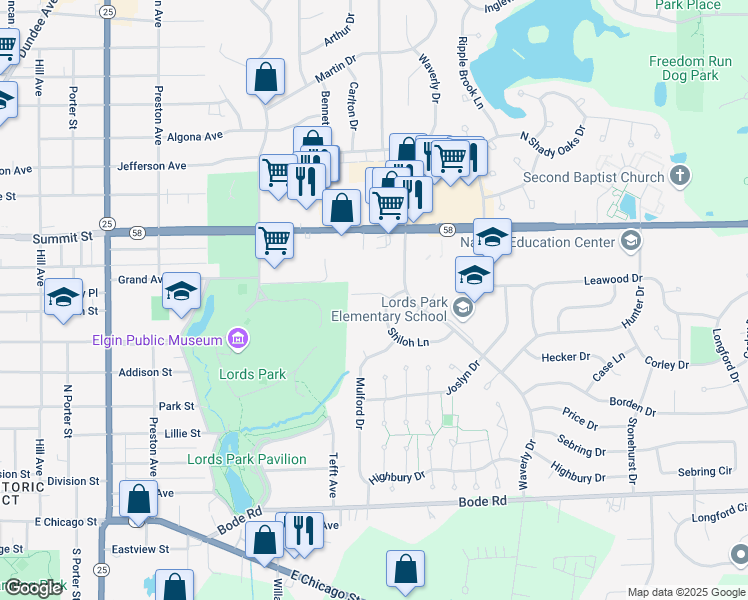 map of restaurants, bars, coffee shops, grocery stores, and more near 899 Carl Avenue in Elgin