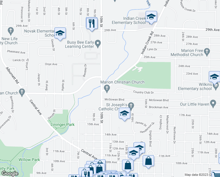 map of restaurants, bars, coffee shops, grocery stores, and more near 1125 Indian Creek Road in Marion