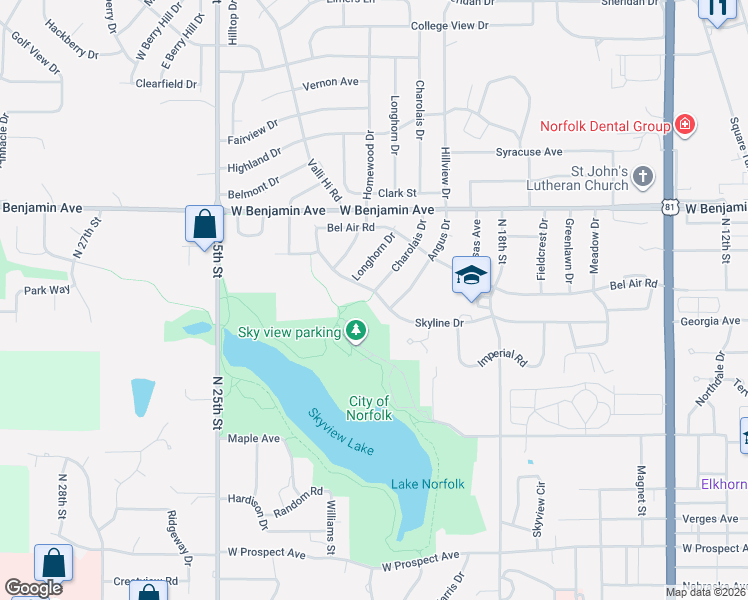 map of restaurants, bars, coffee shops, grocery stores, and more near 2001-2099 Skyline Drive in Norfolk
