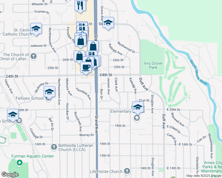 map of restaurants, bars, coffee shops, grocery stores, and more near 2208 Jensen Avenue in Ames