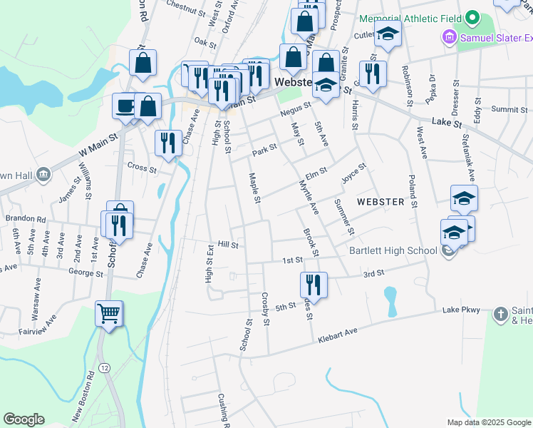 map of restaurants, bars, coffee shops, grocery stores, and more near 7 Mount Pleasant Street in Webster