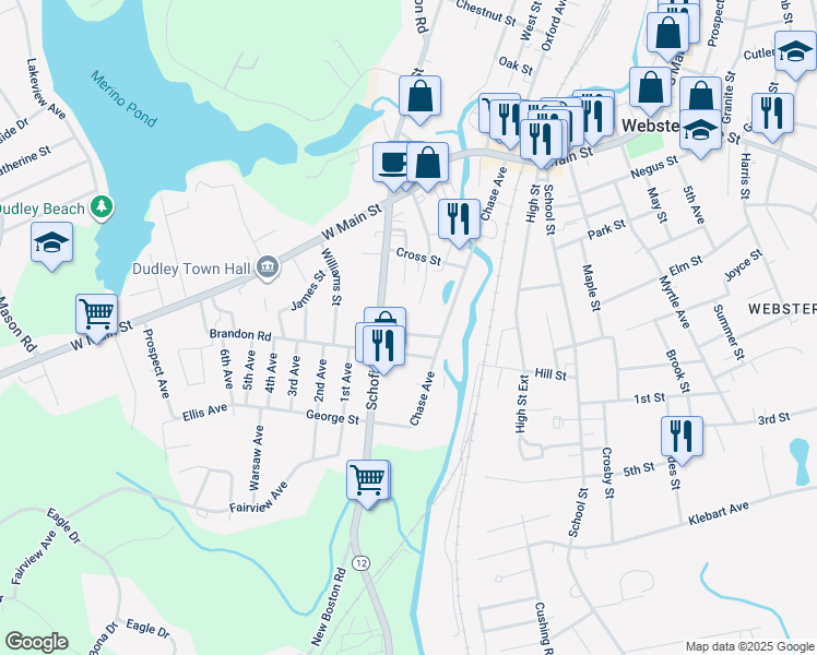 map of restaurants, bars, coffee shops, grocery stores, and more near 2 Brandon Road in Dudley