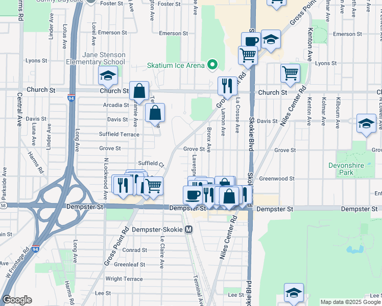 map of restaurants, bars, coffee shops, grocery stores, and more near 8927 Lavergne Avenue in Skokie
