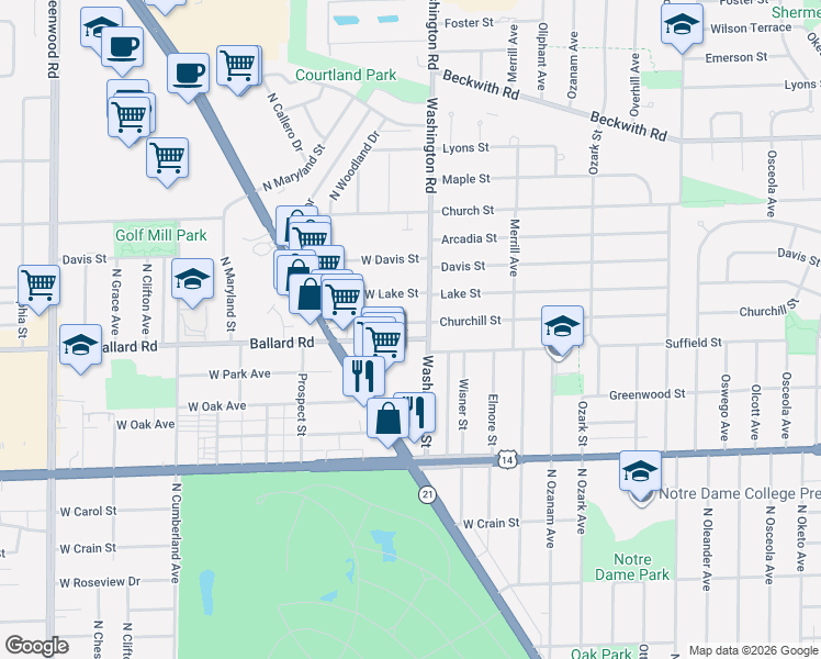 map of restaurants, bars, coffee shops, grocery stores, and more near 9086 Washington Street in Niles