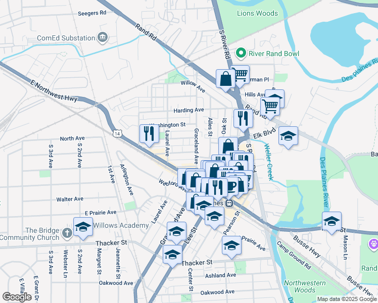 map of restaurants, bars, coffee shops, grocery stores, and more near 550 Graceland Avenue in Des Plaines