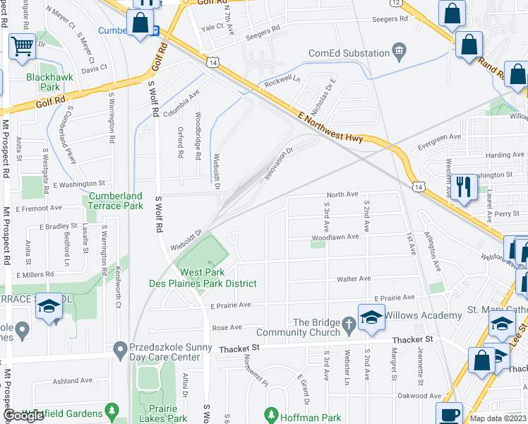 map of restaurants, bars, coffee shops, grocery stores, and more near 516 South 5th Avenue in Des Plaines