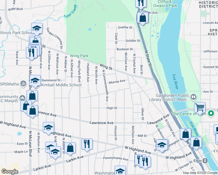 map of restaurants, bars, coffee shops, grocery stores, and more near 397 North Commonwealth Avenue in Elgin