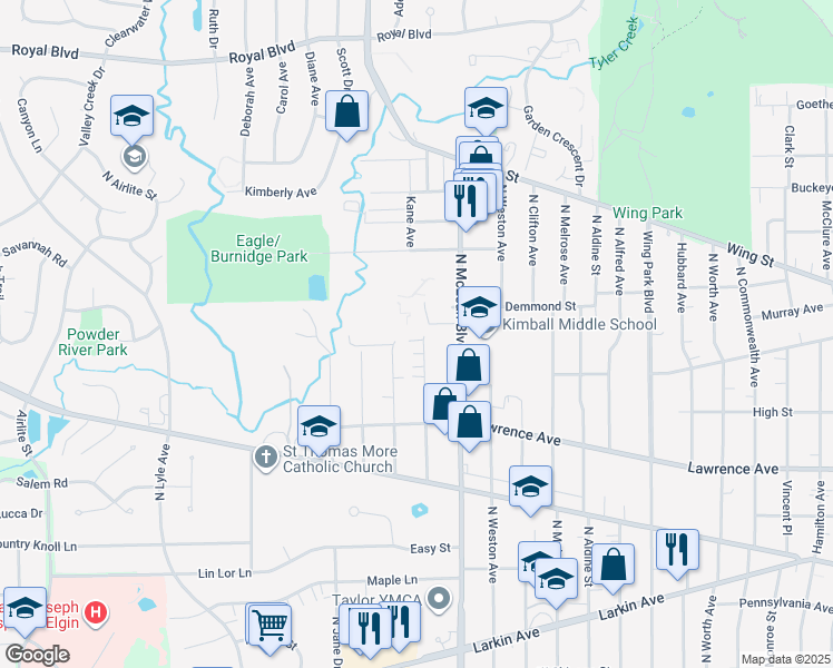 map of restaurants, bars, coffee shops, grocery stores, and more near 385 Triggs Avenue in Elgin