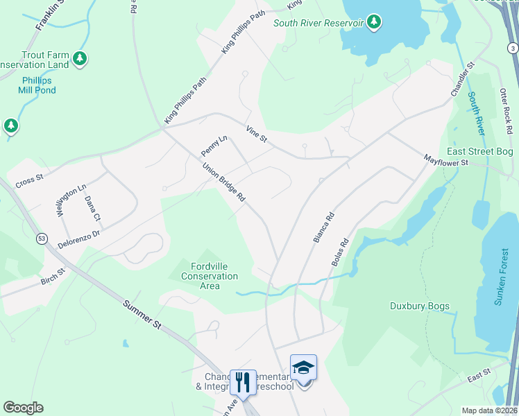map of restaurants, bars, coffee shops, grocery stores, and more near 55 Union Bridge Road in Duxbury