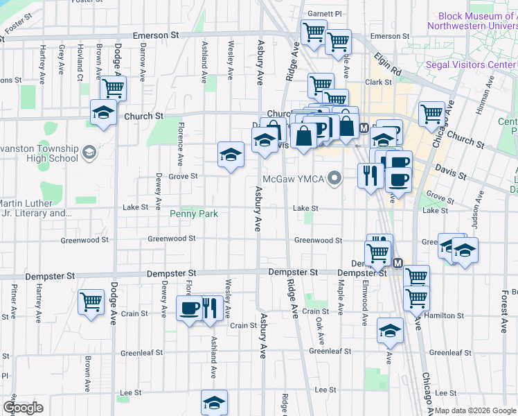 map of restaurants, bars, coffee shops, grocery stores, and more near Asbury Avenue in Evanston