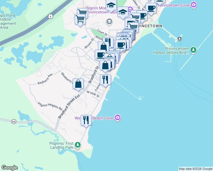 map of restaurants, bars, coffee shops, grocery stores, and more near 89 Commercial Street in Provincetown