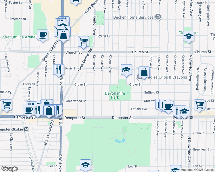 map of restaurants, bars, coffee shops, grocery stores, and more near 4422 Greenwood Street in Skokie
