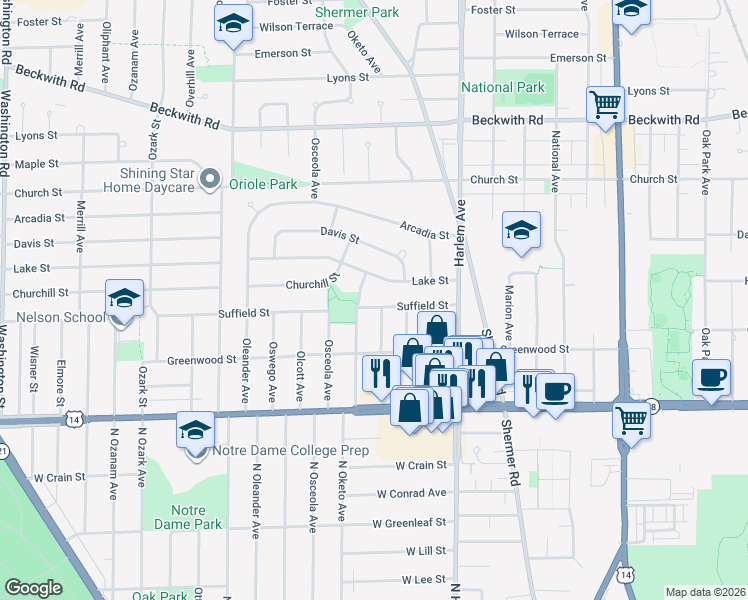 map of restaurants, bars, coffee shops, grocery stores, and more near 8924 Odell Avenue in Morton Grove