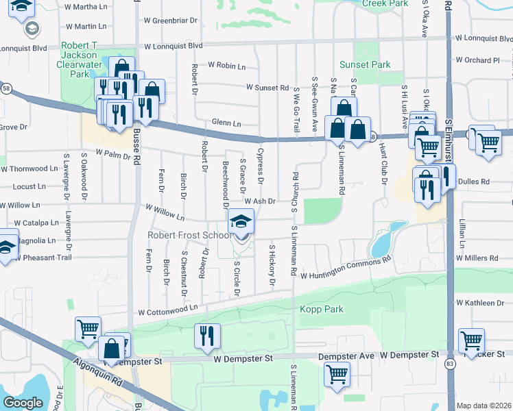 map of restaurants, bars, coffee shops, grocery stores, and more near 1015 West Willow Lane in Mount Prospect