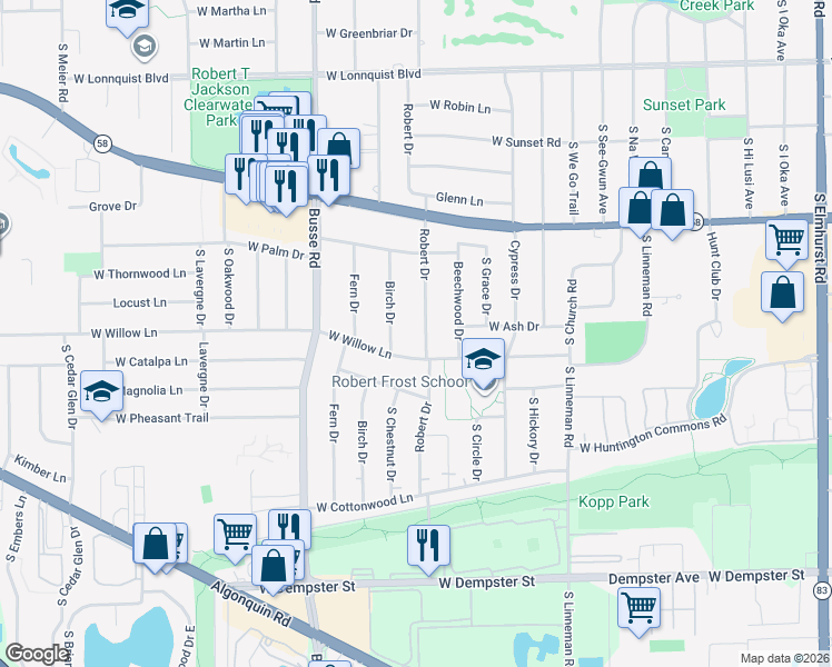 map of restaurants, bars, coffee shops, grocery stores, and more near 1407 West Willow Lane in Mount Prospect