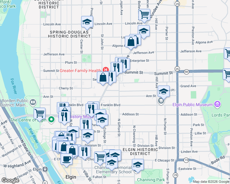 map of restaurants, bars, coffee shops, grocery stores, and more near 387 Ann Street in Elgin